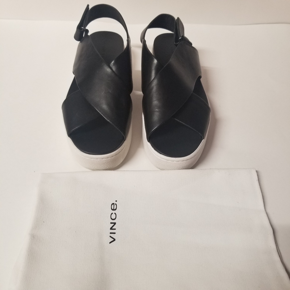 Vince Leather Platform Sandals with Crisscross Straps, Black, 9 to 9.5 Med.